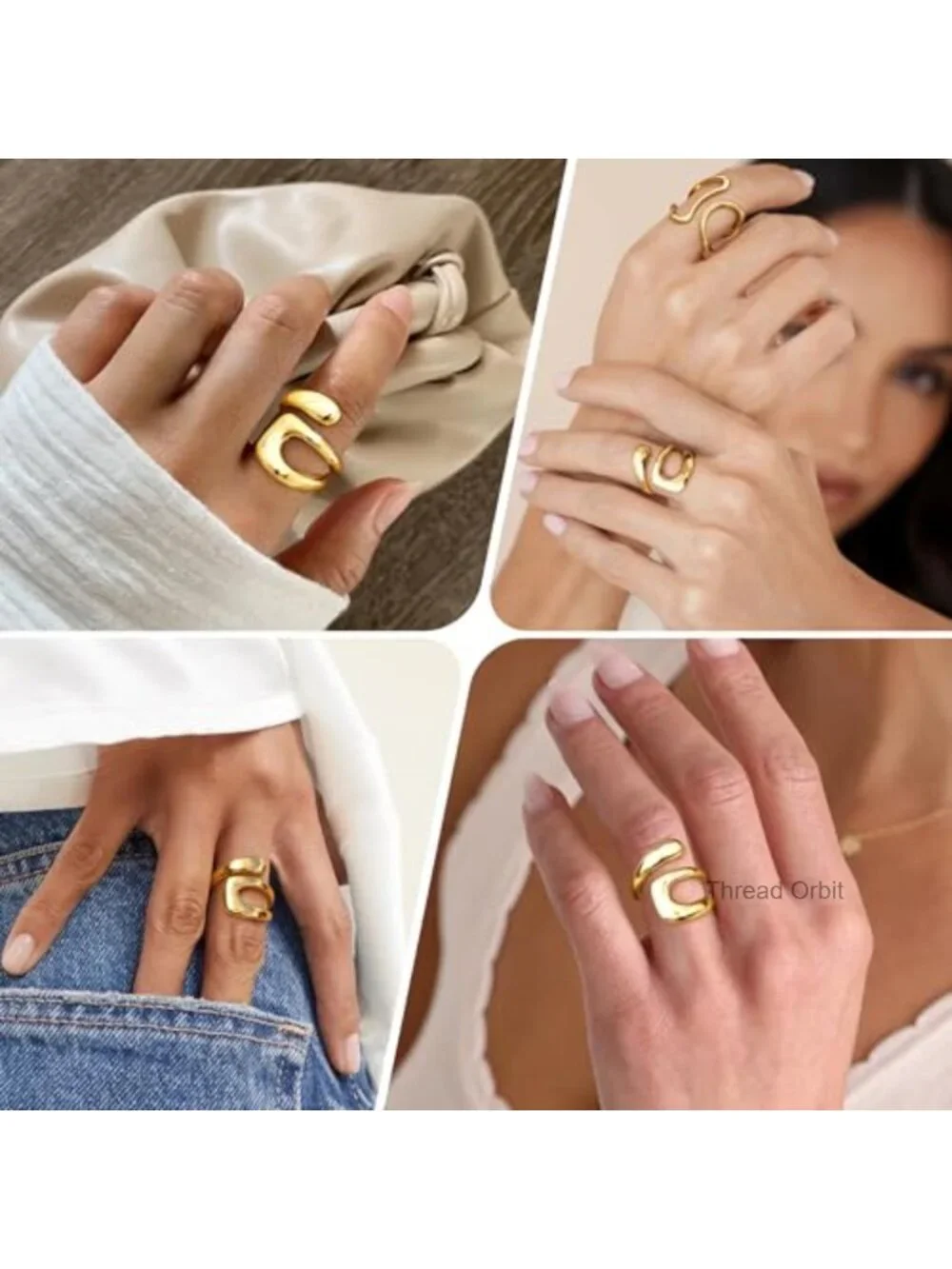 14K Gold Plated Stainless Steel Chunky Statement Stackable Open Adjustable Ring